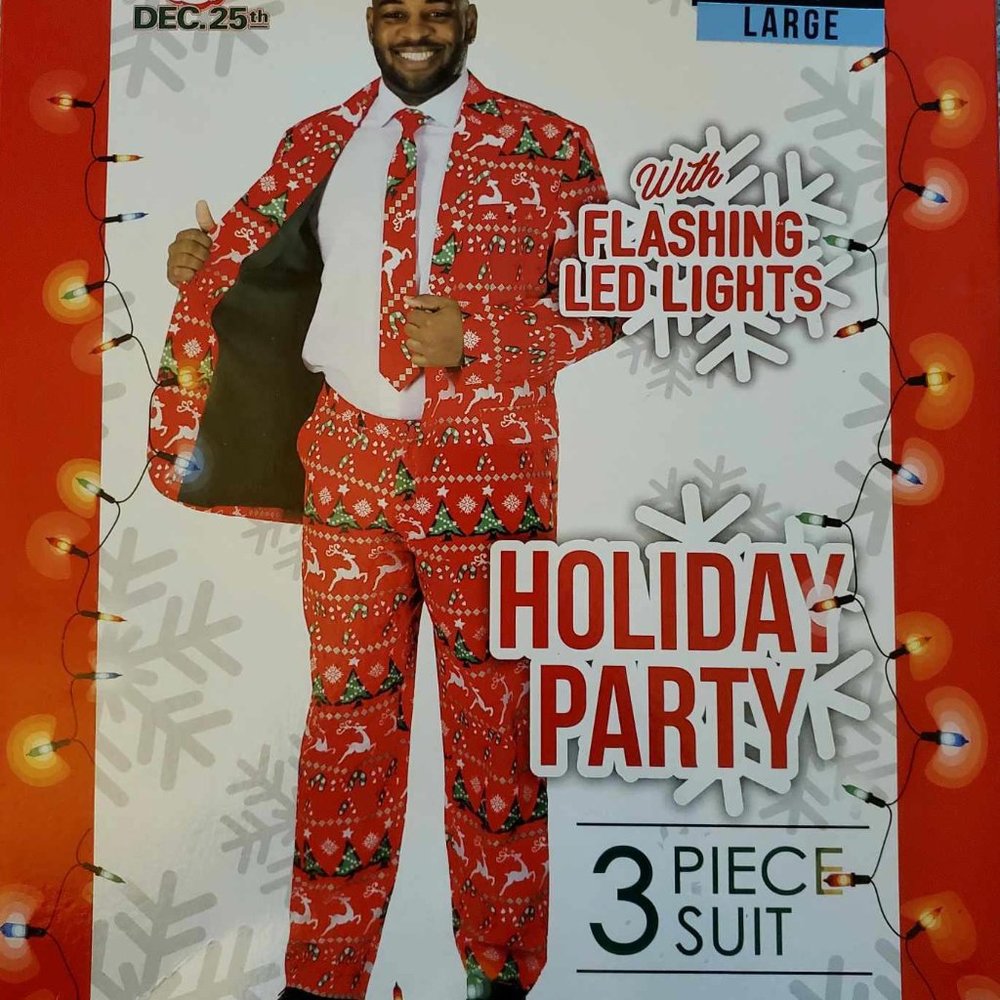 NEW IN BOX Men's L Life of the Party 3 Piece Christmas Suit Candy Canes Reindeer